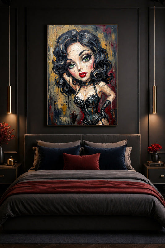 Digitales Pin Up Poster mit stilisierter Frau, schwarzer Corsage, roten Lippen, grünen Augen und dunklem Burlesque-Hintergrund.
