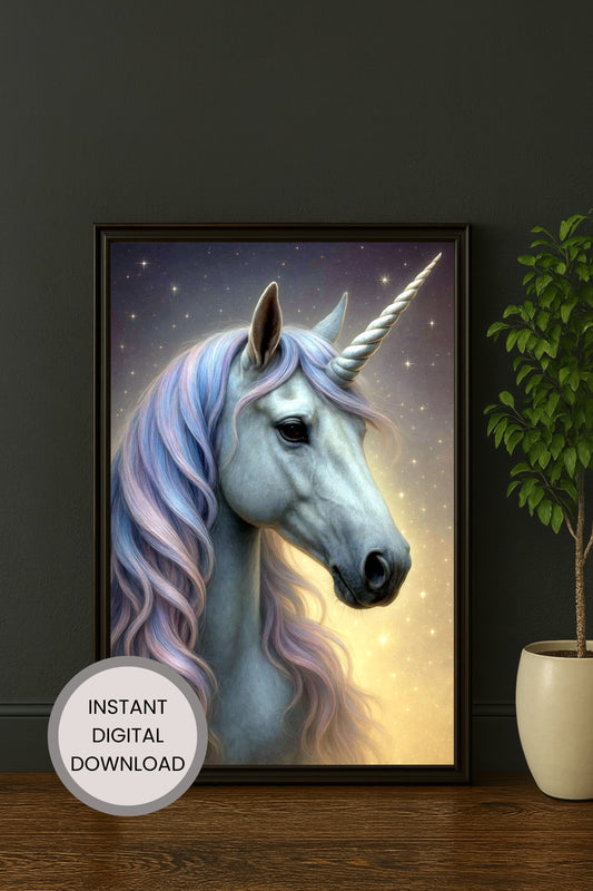 Sanfte Einhorn Illustration mit Regenbogenmähne und Blüten in Pastelltönen als digitales Poster für Kinderzimmer oder Geschenkideen