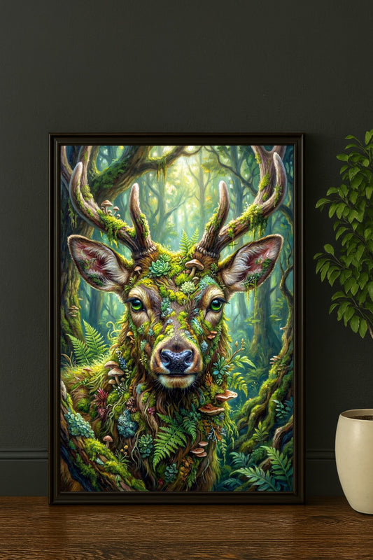 Digitales Waldhirsch Poster mit moosbewachsenem Geweih, Pilzen und Farnen im schwarzen Rahmen neben einer Zimmerpflanze