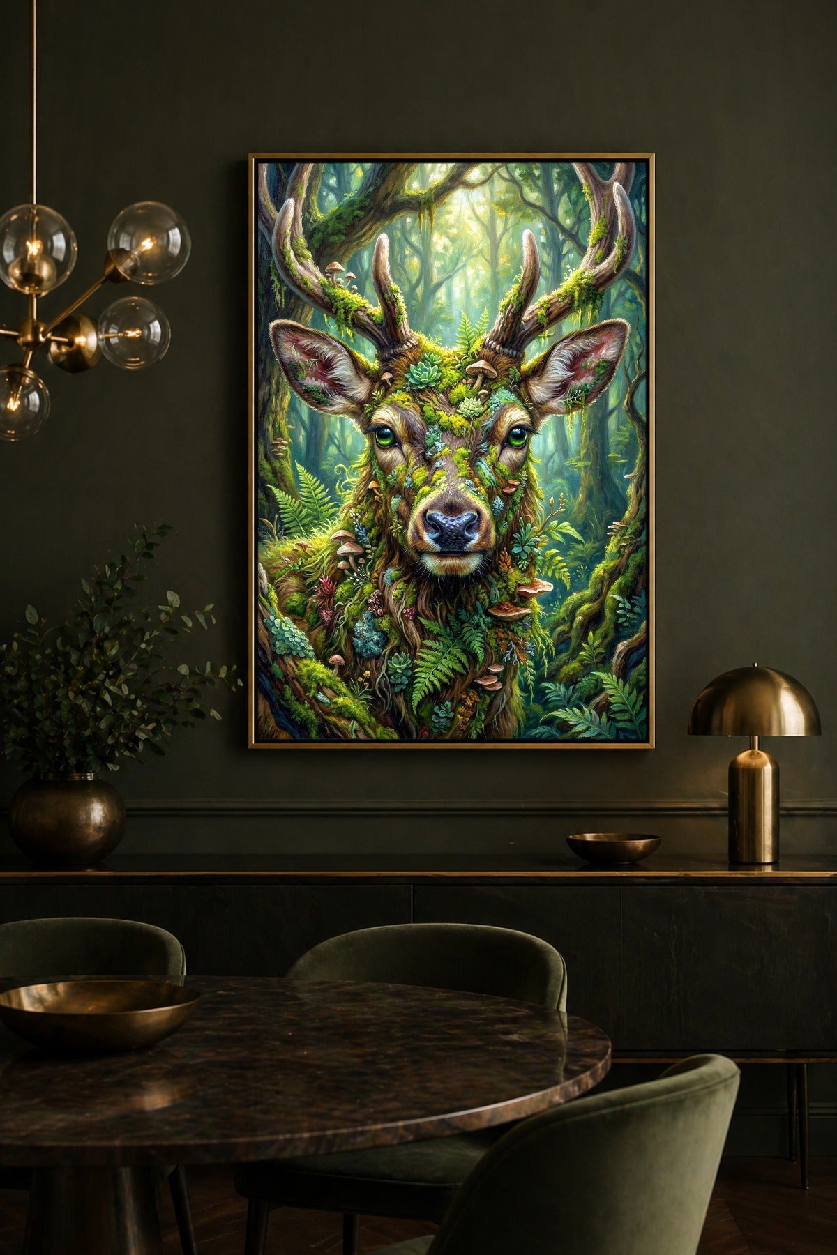 Waldhirsch Poster als digitales Wandbild mit Moosgeweih und Waldmotiv in einem dunklen Esszimmer mit Messingdetails