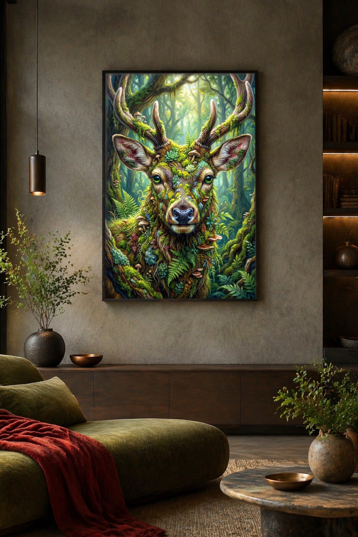 Digitales Waldhirsch Poster mit grüner Waldszene, Moos, Farnen und Pilzen als Wanddeko über einem Sofa im Wohnzimmer