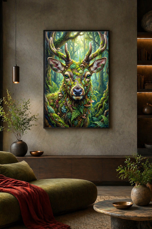 Digitales Waldhirsch Poster mit grüner Waldszene, Moos, Farnen und Pilzen als Wanddeko über einem Sofa im Wohnzimmer