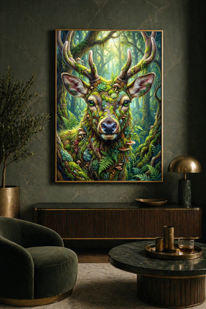 Mystisches Waldhirsch Poster mit moosbewachsenem Geweih und botanischen Details als digitales Wandbild über dunklem Sideboard