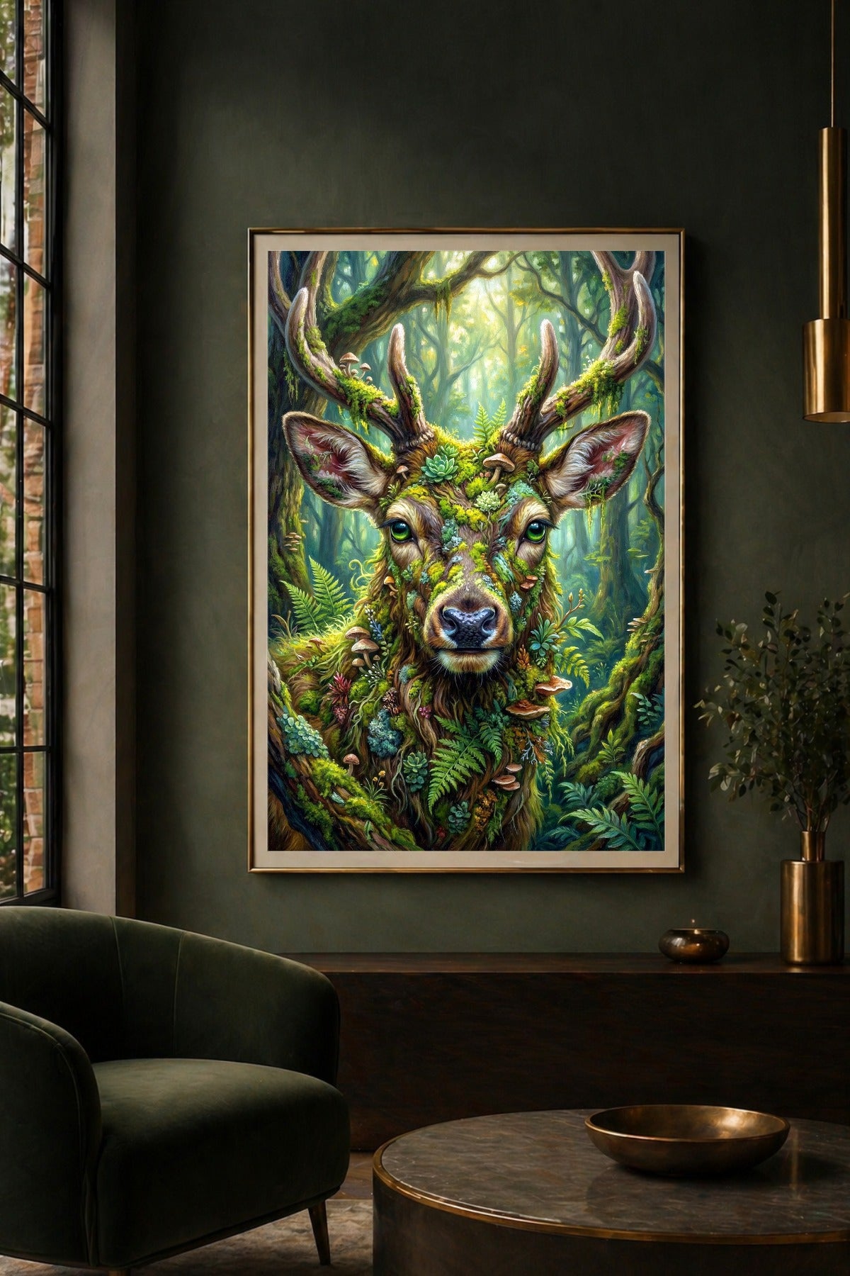 Waldhirsch Wandbild mit Moosgeweih, Pilzen und leuchtendem Waldhintergrund als Poster in einem dunklen Wohnraum