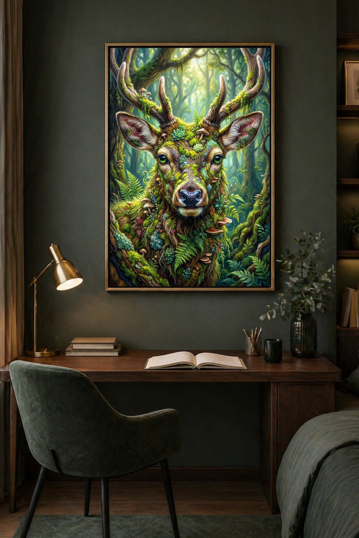 Digitales Waldhirsch Poster mit moosigem Geweih, Farnen und Pilzen als ruhiger Blickfang über einem Schreibtisch