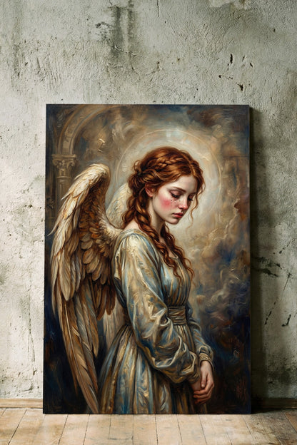 Digitales Kunstwerk eines weinenden Engels mit rotem Haar und sanften Flügeln; Porträt in Goldbeige, Creme und Taubenblau.