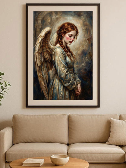Hochwertiger Kunstdruck eines traurigen Engels mit rotem Haar und hellen Flügeln; weiche Malerei in Goldbeige, Creme und Taubenblau.