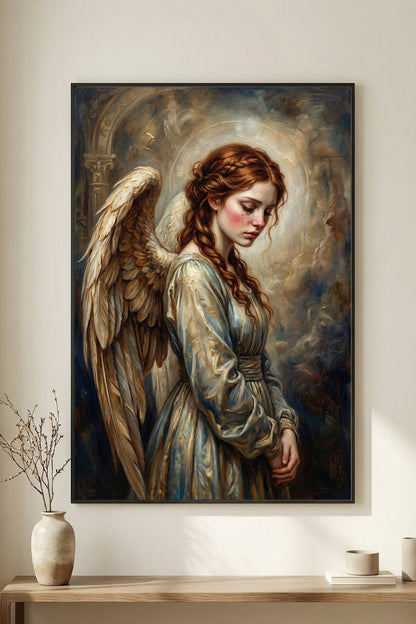 Hochwertiger Kunstdruck eines traurigen Engels mit rotem Haar und hellen Flügeln; weiche Malerei in Goldbeige, Creme und Taubenblau.