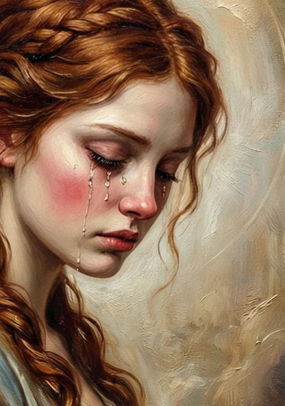 Hochwertiger Kunstdruck eines traurigen Engels mit rotem Haar und hellen Flügeln; weiche Malerei in Goldbeige, Creme und Taubenblau.