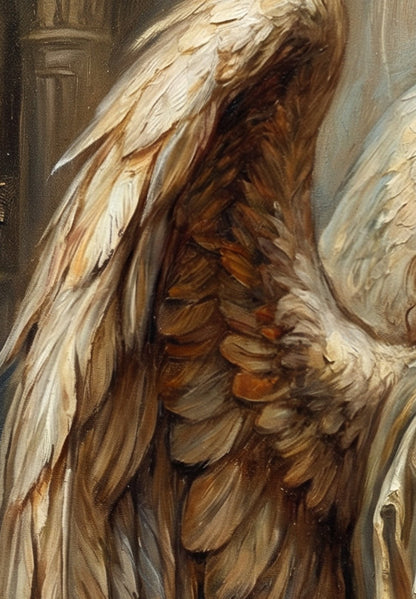 Digitales Kunstwerk eines weinenden Engels mit rotem Haar und sanften Flügeln; Porträt in Goldbeige, Creme und Taubenblau.