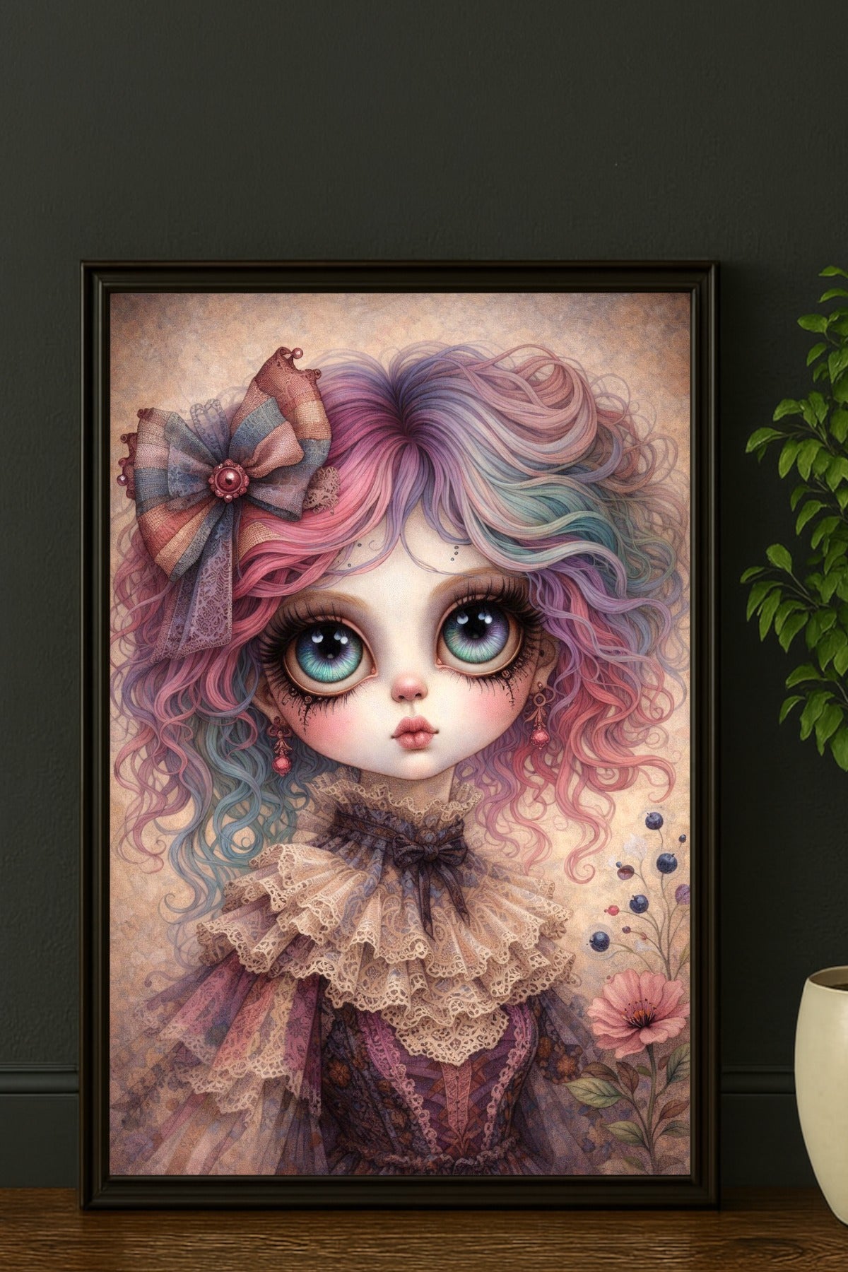 Digitales Whimsigoth Poster mit Gothic Mädchen, großen Augen, pastellfarbenem Haar und viktorianischer Spitze im Dark-Fantasy-Look