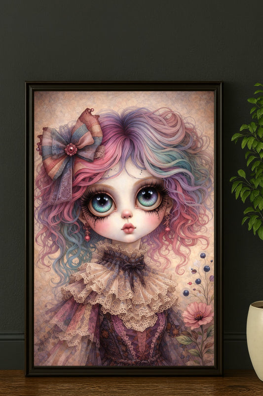 Digitales Whimsigoth Poster mit Gothic Mädchen, großen Augen, pastellfarbenem Haar und viktorianischer Spitze im Dark-Fantasy-Look