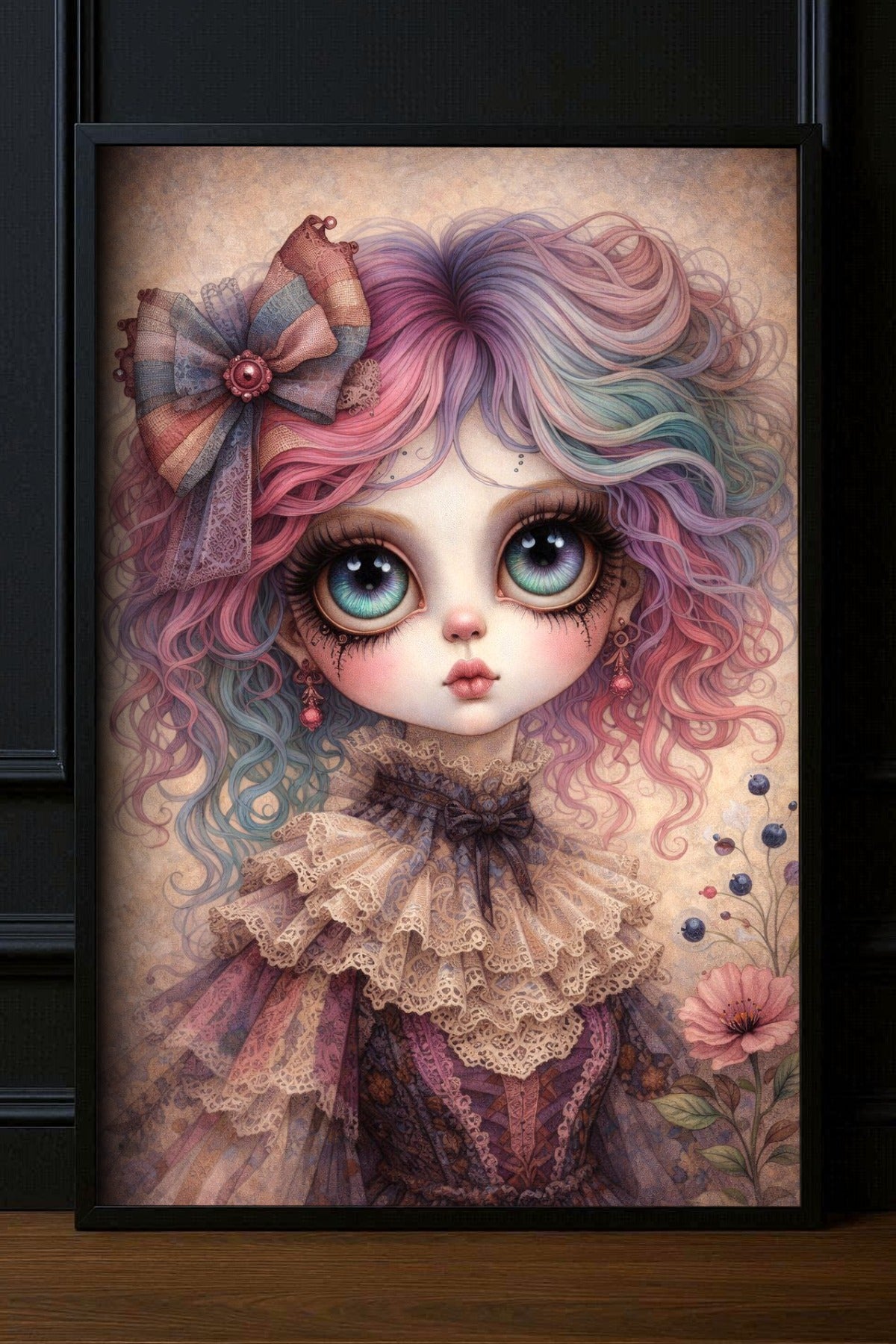 Digitales Whimsigoth Poster mit Gothic Mädchen, großen Augen, pastellfarbenem Haar und viktorianischer Spitze im Dark-Fantasy-Look