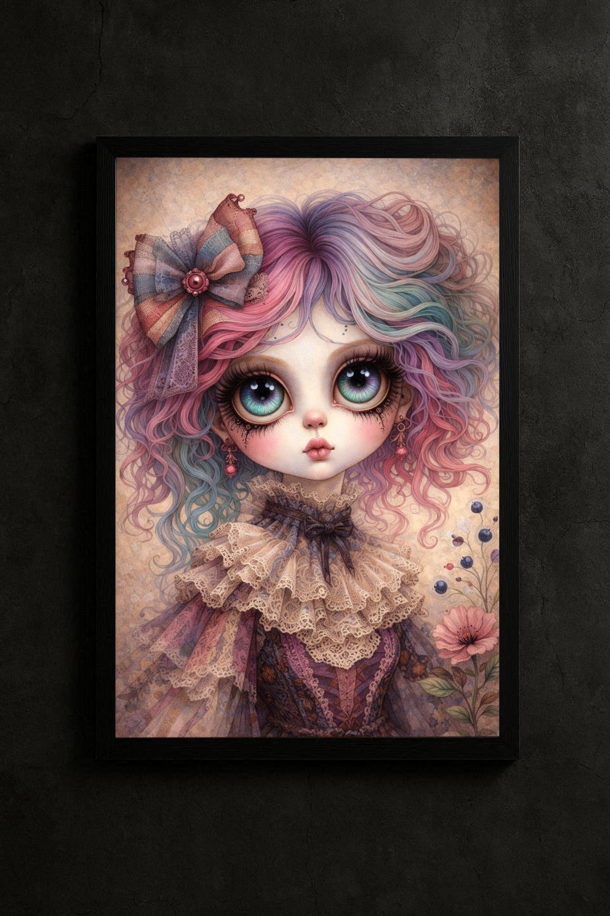 Digitales Whimsigoth Poster mit Gothic Mädchen, großen Augen, pastellfarbenem Haar und viktorianischer Spitze im Dark-Fantasy-Look
