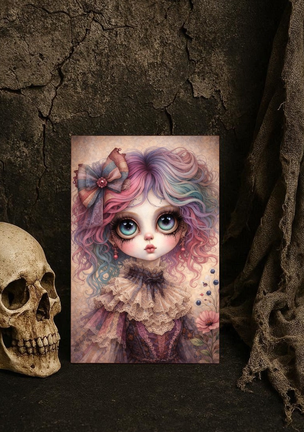 Digitales Whimsigoth Poster mit Gothic Mädchen, großen Augen, pastellfarbenem Haar und viktorianischer Spitze im Dark-Fantasy-Look