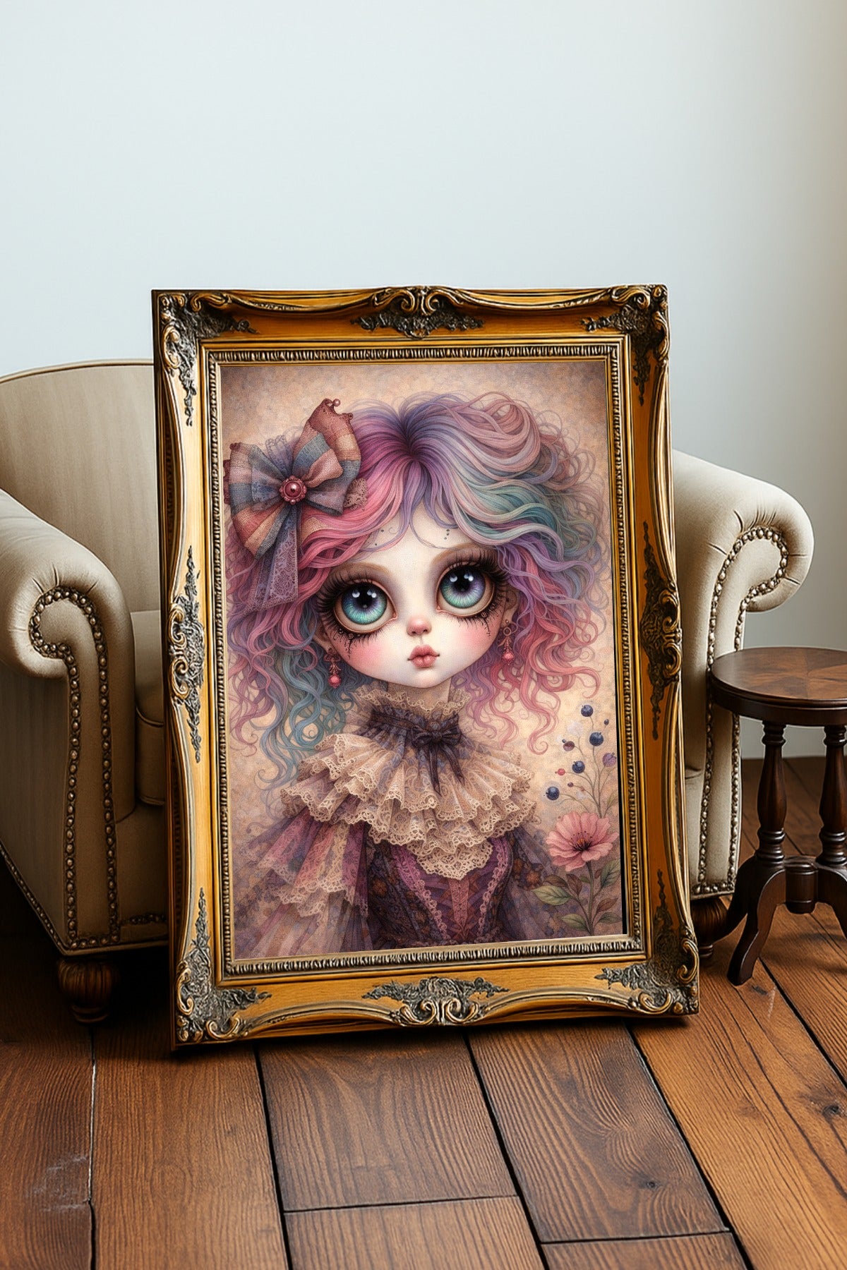 Digitales Whimsigoth Poster mit Gothic Mädchen, großen Augen, pastellfarbenem Haar und viktorianischer Spitze im Dark-Fantasy-Look