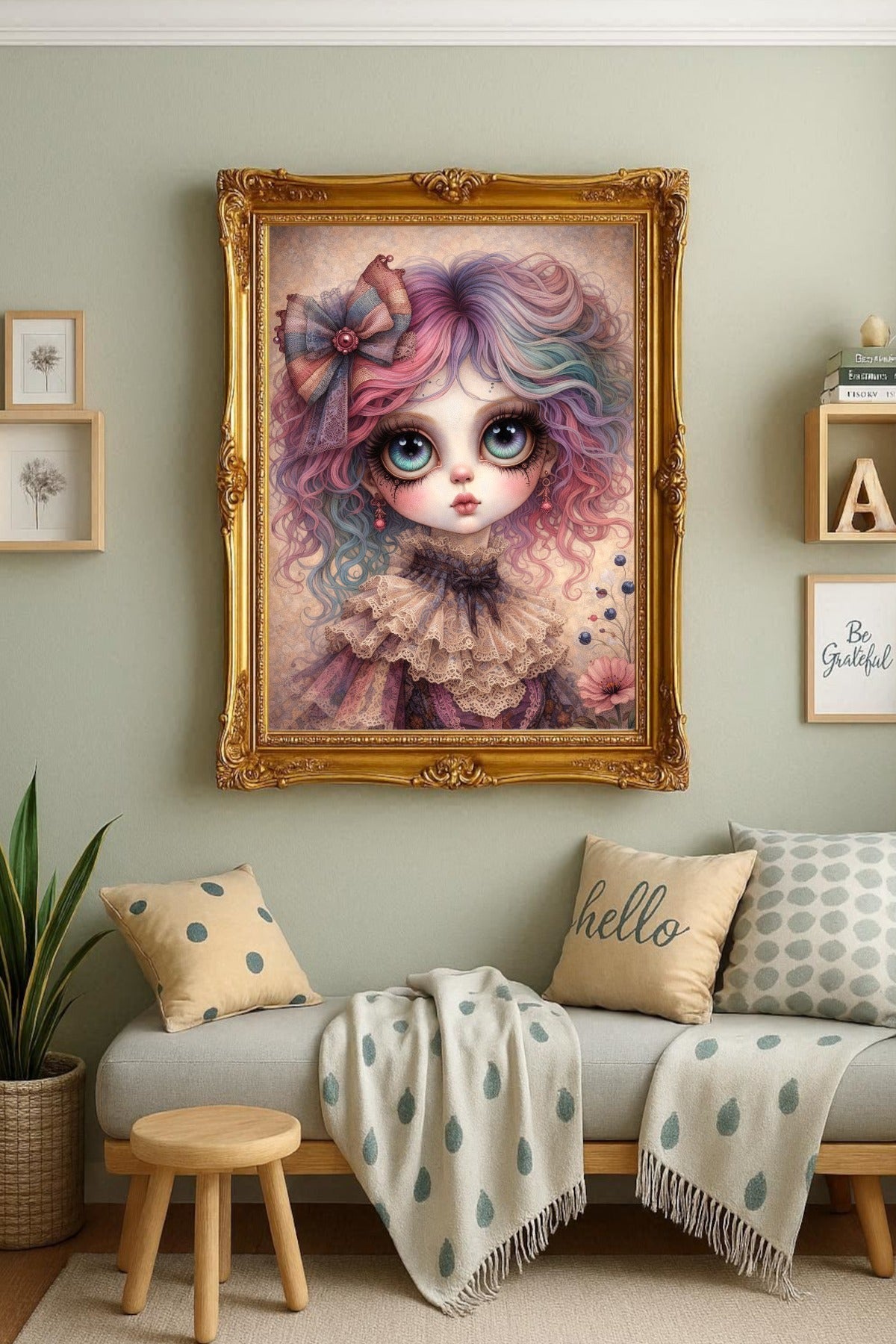 Digitales Whimsigoth Poster mit Gothic Mädchen, großen Augen, pastellfarbenem Haar und viktorianischer Spitze im Dark-Fantasy-Look