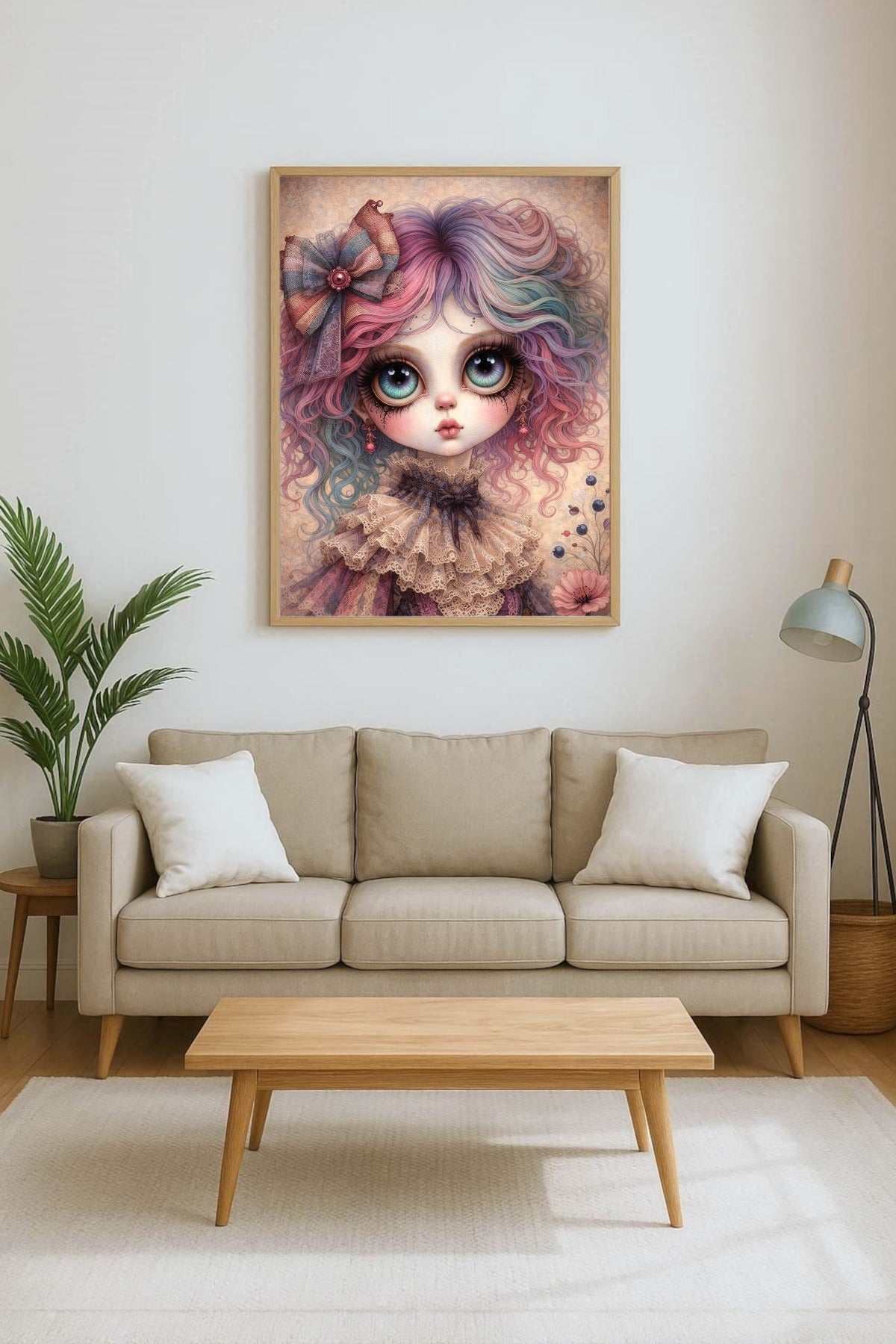 Digitales Whimsigoth Poster mit Gothic Mädchen, großen Augen, pastellfarbenem Haar und viktorianischer Spitze im Dark-Fantasy-Look