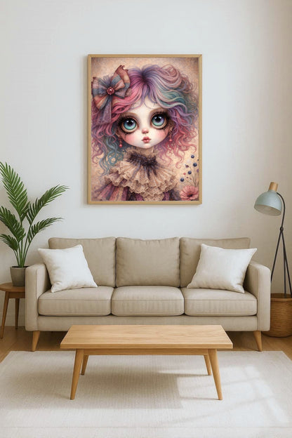 Digitales Whimsigoth Poster mit Gothic Mädchen, großen Augen, pastellfarbenem Haar und viktorianischer Spitze im Dark-Fantasy-Look