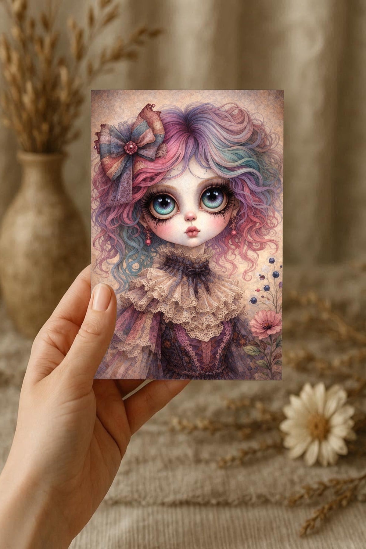 Digitales Whimsigoth Poster mit Gothic Mädchen, großen Augen, pastellfarbenem Haar und viktorianischer Spitze im Dark-Fantasy-Look