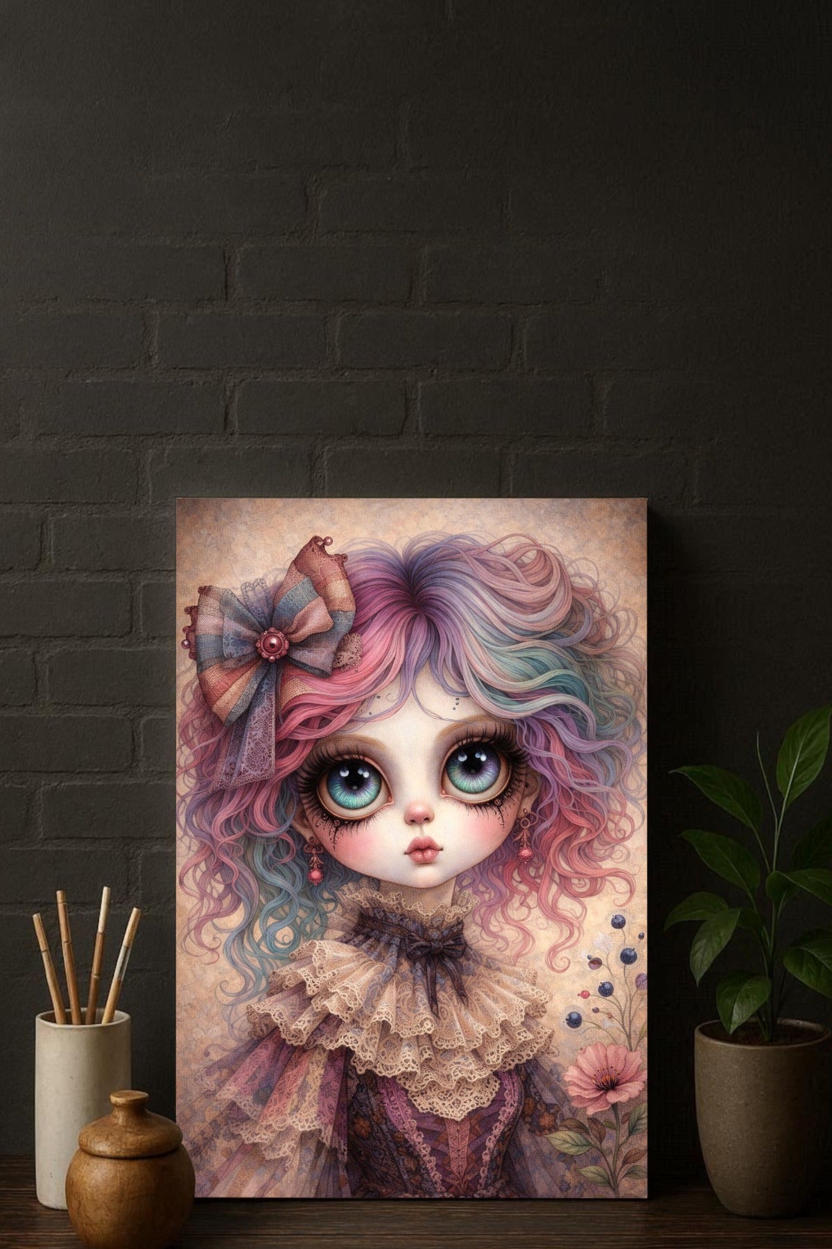 Digitales Whimsigoth Poster mit Gothic Mädchen, großen Augen, pastellfarbenem Haar und viktorianischer Spitze im Dark-Fantasy-Look