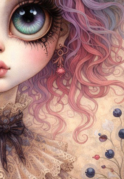 Digitales Whimsigoth Poster mit Gothic Mädchen, großen Augen, pastellfarbenem Haar und viktorianischer Spitze im Dark-Fantasy-Look