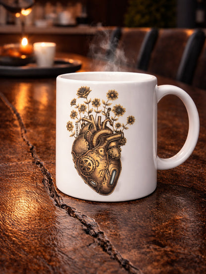 Keramiktasse mit steampunk Herz aus Zahnrädern und Blumen, braun-goldenes Kunstmotiv im Vintage Stil, ideal als Geschenk für Designfans