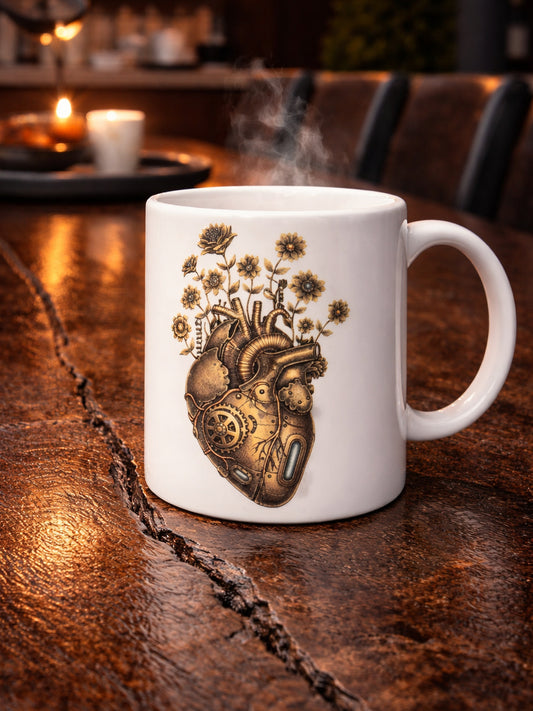 Keramiktasse mit steampunk Herz aus Zahnrädern und Blumen, braun-goldenes Kunstmotiv im Vintage Stil, ideal als Geschenk für Designfans