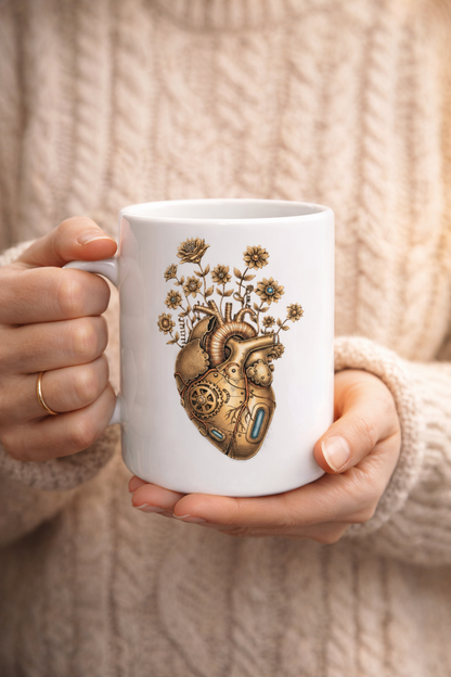 Keramiktasse mit steampunk Herz aus Zahnrädern und Blumen, braun-goldenes Kunstmotiv im Vintage Stil, ideal als Geschenk für Designfans