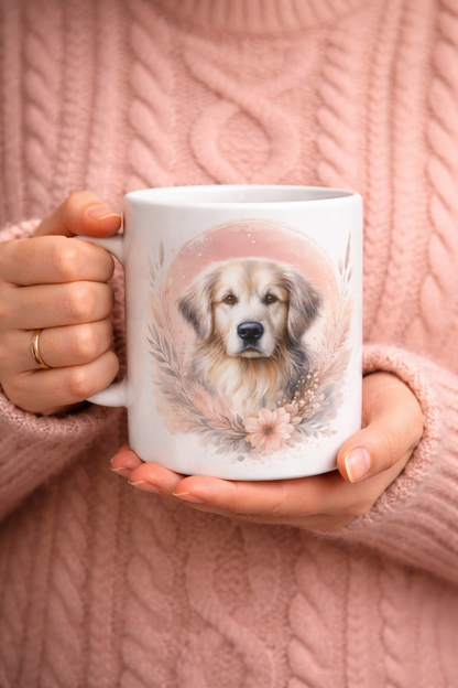 Keramiktasse mit Golden Retriever Portrait und zarten Blumen in warmen Naturtönen, dekorativer Hundebecher als Geschenk oder Alltagsbecher