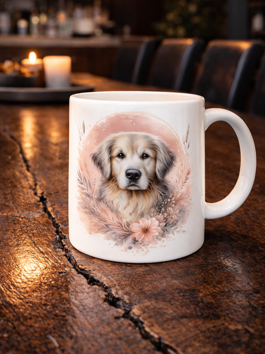 Keramiktasse mit Golden Retriever Portrait und zarten Blumen in warmen Naturtönen, dekorativer Hundebecher als Geschenk oder Alltagsbecher