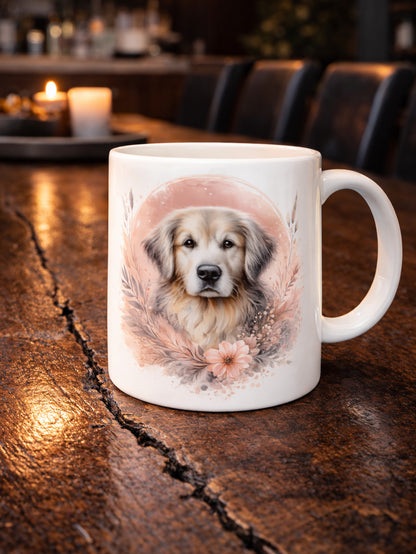 Keramiktasse mit Golden Retriever Portrait und zarten Blumen in warmen Naturtönen, dekorativer Hundebecher als Geschenk oder Alltagsbecher