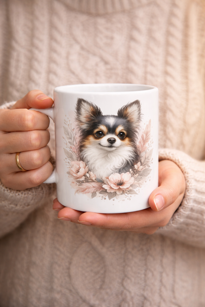 Keramiktasse mit Chihuahua Portrait und floralen Elementen in sanften Naturtönen, dekorative Hundetasse als Geschenk oder Alltagsbecher