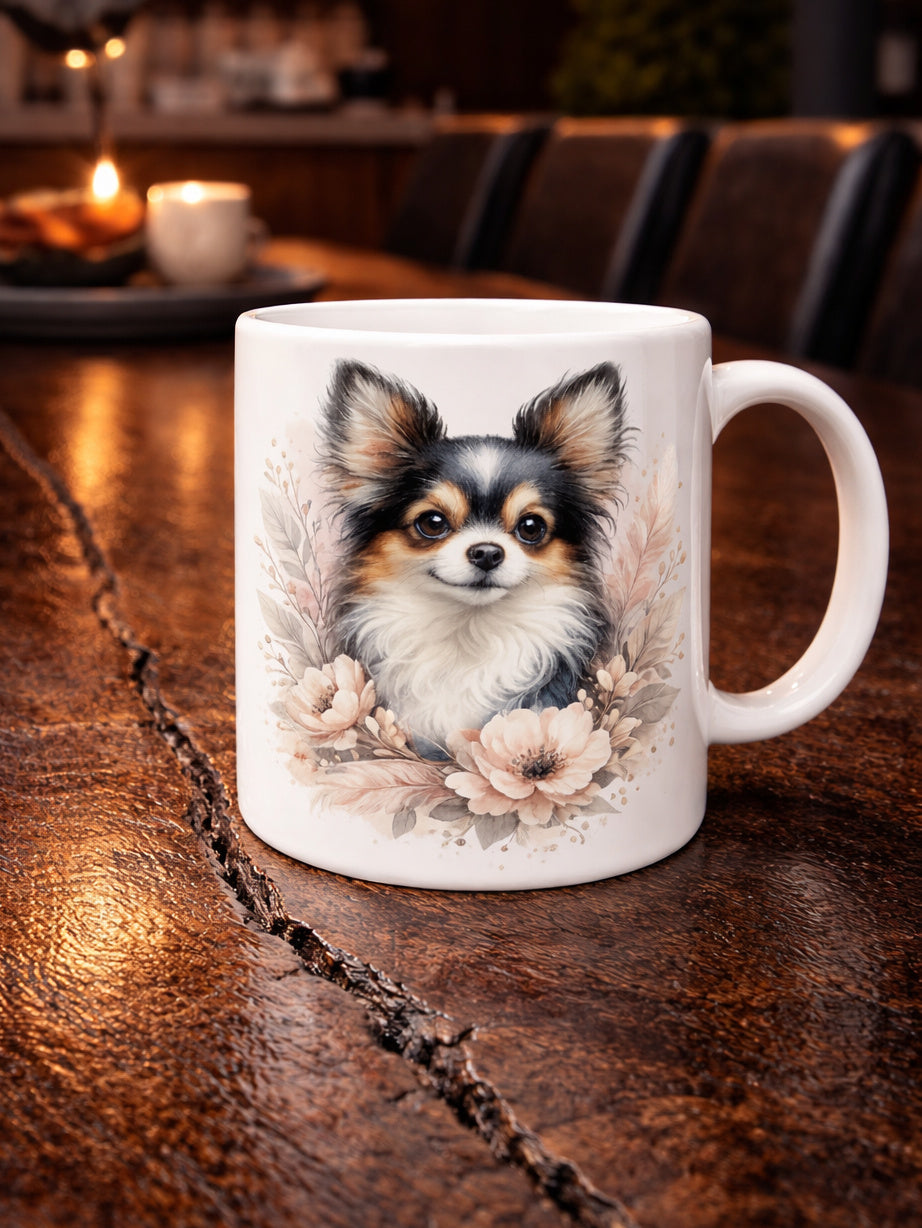 Keramiktasse mit Chihuahua Portrait und floralen Elementen in sanften Naturtönen, dekorative Hundetasse als Geschenk oder Alltagsbecher