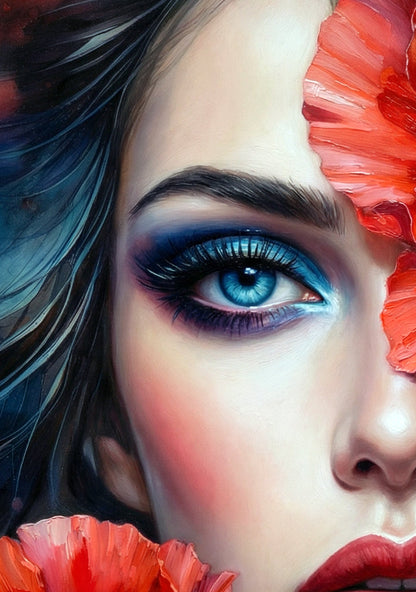 Digitales Frauenportrait im Hochformat mit roten Blüten, intensiv blauem Augen-Make-up, roten Lippen und dunklem Hintergrund als modernes florales Wandbild.
