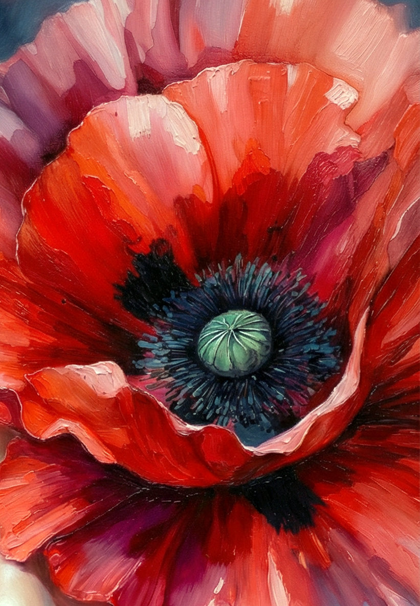 Modernes florales Wandbild im Hochformat mit Frauenportrait, roten Blüten, blau betontem Auge, roten Lippen und dunkler Bildkulisse.