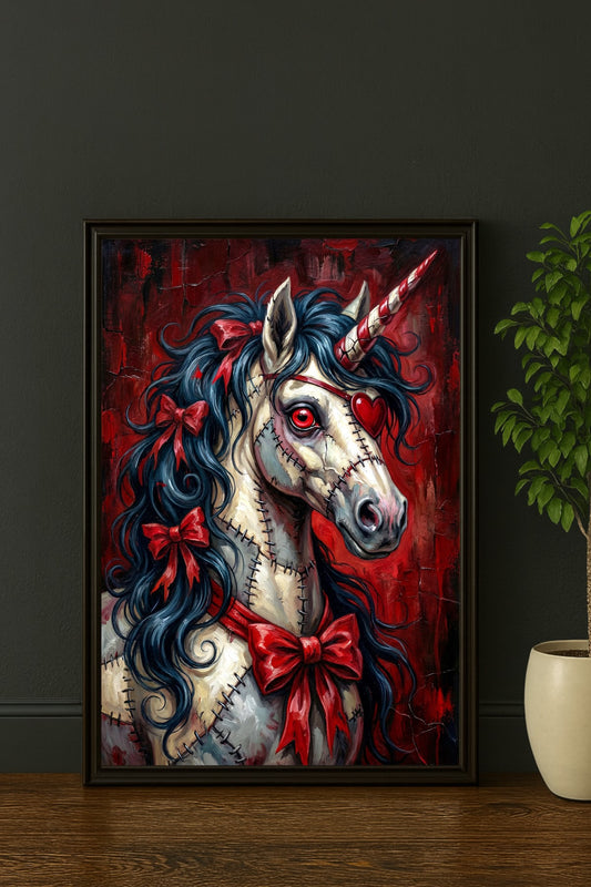 Gothic Poster mit Zombie Einhorn im schwarzen Rahmen neben grüner Pflanze, roter Hintergrund und dunkle Wand im modernen Raum.