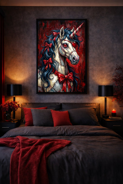 Creepy Cute Zombie Einhorn Poster über dunklem Bett, mit roten Kissen, schwarzem Rahmen und gedämpfter Schlafzimmerbeleuchtung.