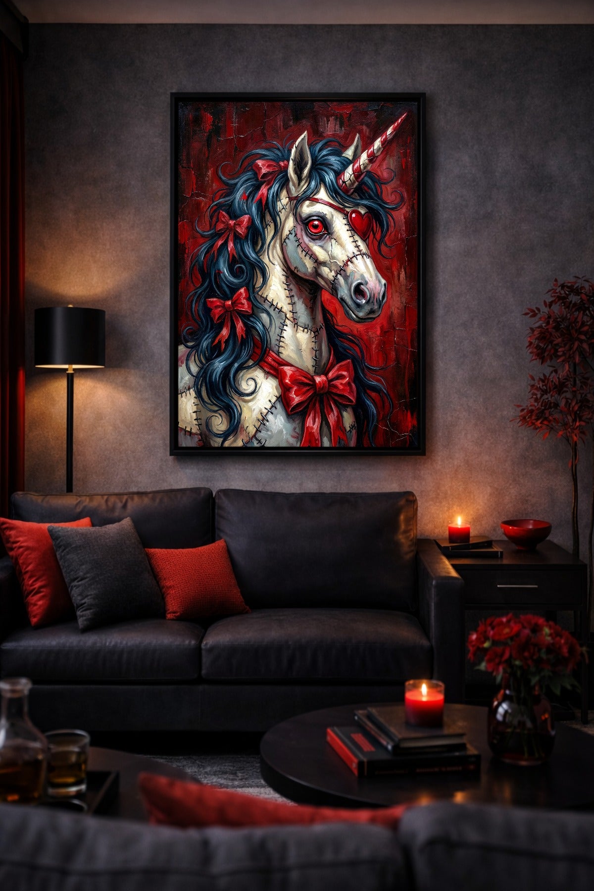 Gothic Zombie Einhorn Poster im Wohnzimmer mit dunklem Sofa, roten Kissen, Kerzenlicht und schwarzem Rahmen.