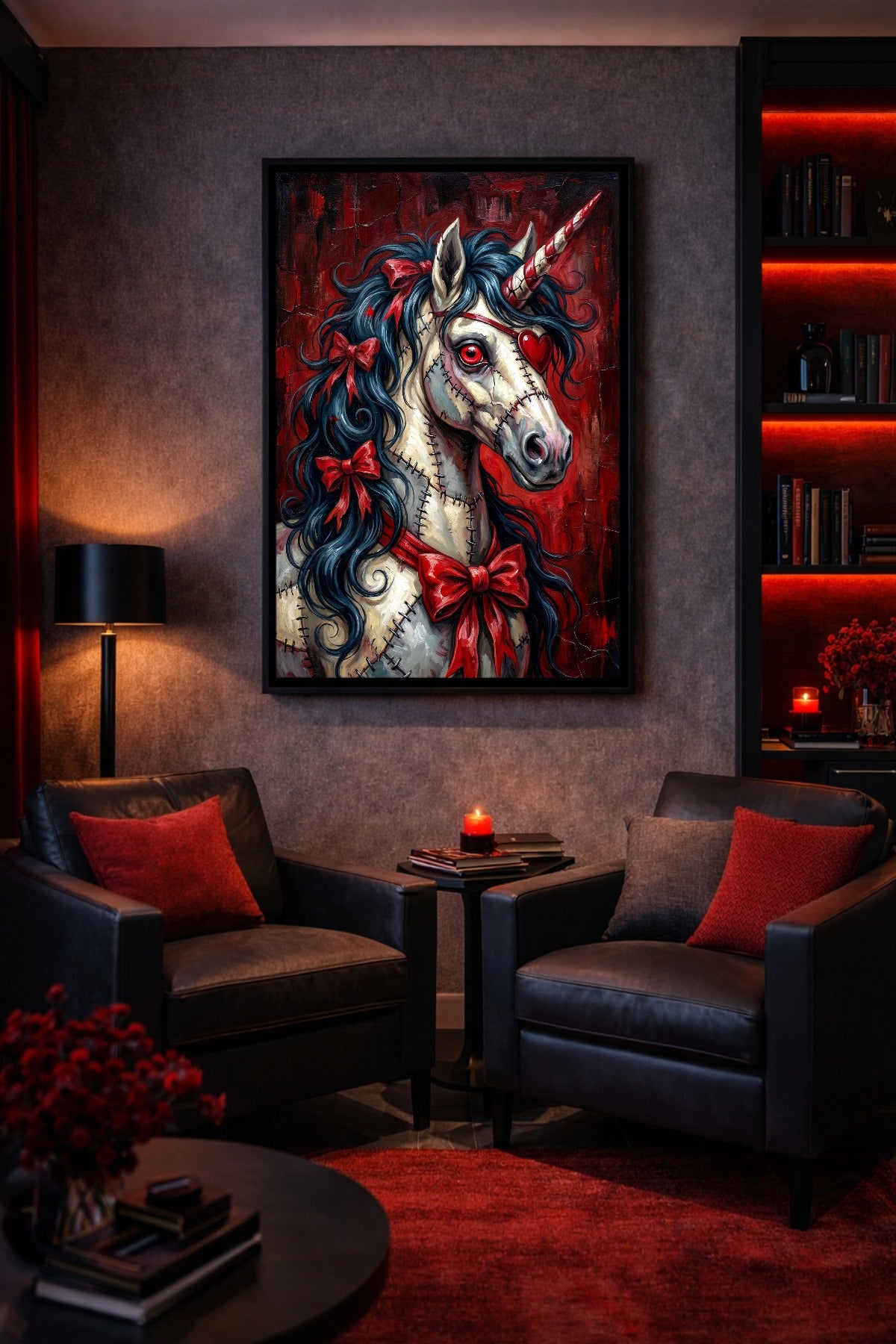 Zombie Einhorn Wandbild im Gothic Wohnzimmer zwischen Sesseln, rotem Teppich, dunklen Wänden und beleuchtetem Bücherregal.
