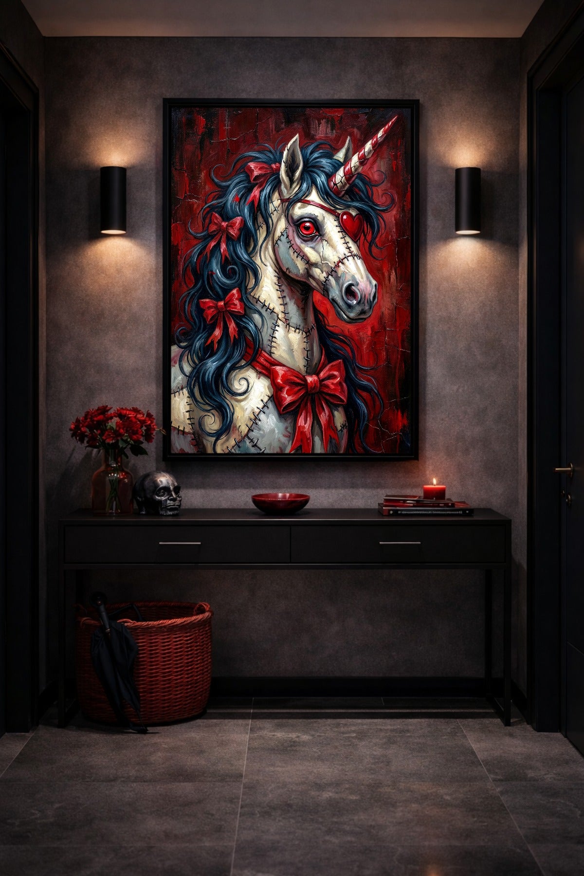 Creepy Cute Gothic Poster mit Zombie Einhorn im Flur über schwarzer Konsole, rotem Korb, Kerzenlicht und dunkler Wand.